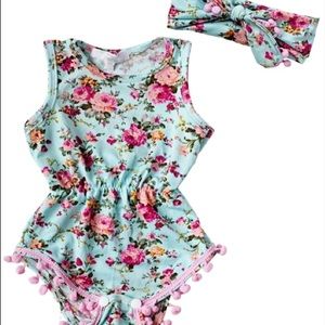 Lovely Floral Pom Pom Romper - mint